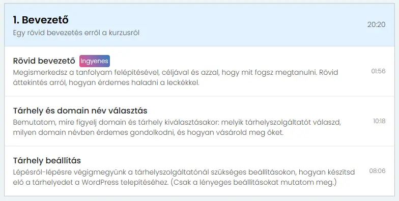 WordPress tanfolyam bevezető videói felsorolva